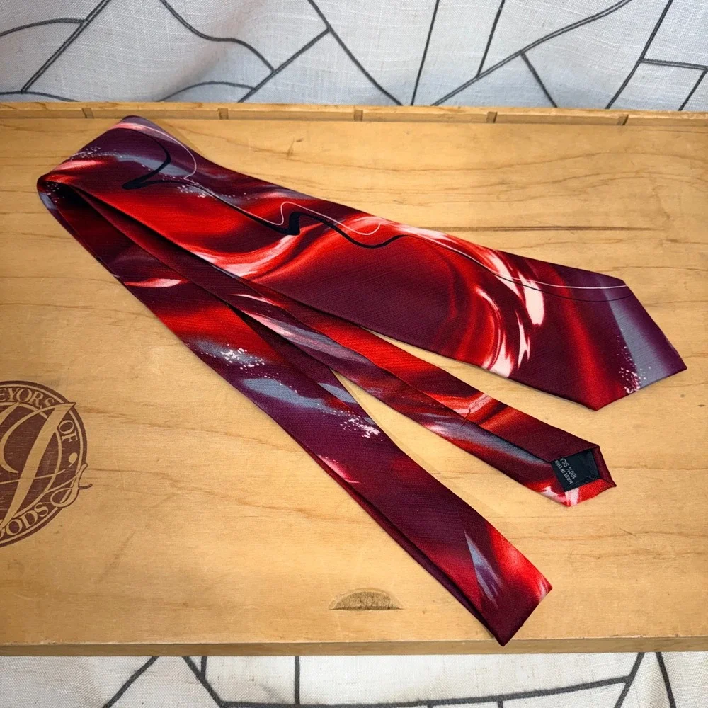 J Garcia Men's Silk Tie Snake Juggling Show Collection 61 Burgundy Red Abstract‎